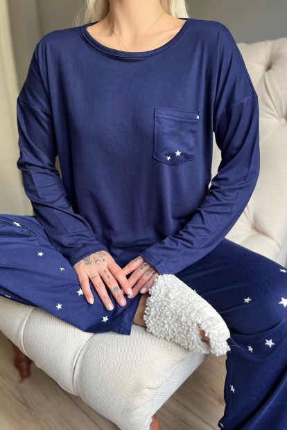 Lacivert Yıldız Desenli Bambu Uzun Kol Kadın Pijama Takımı - 4