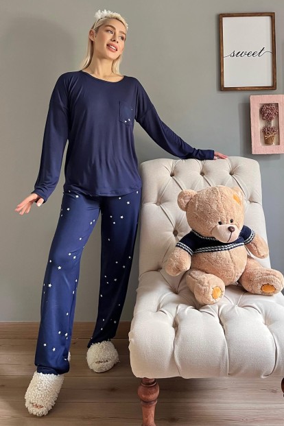 Lacivert Yıldız Desenli Bambu Uzun Kol Kadın Pijama Takımı - 5