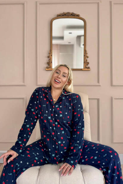 Lacivert Yıldız Desenli Önden Düğmeli Peluş Polar Pijama Takımı - 2