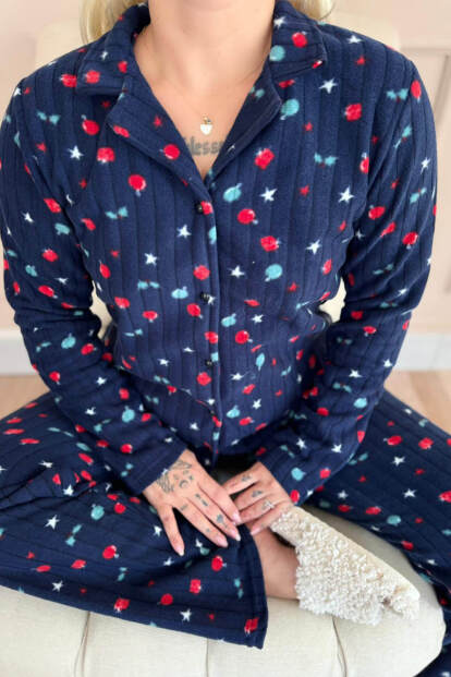 Lacivert Yıldız Desenli Önden Düğmeli Peluş Polar Pijama Takımı - 5