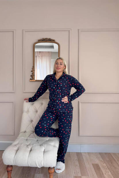 Lacivert Yıldız Desenli Önden Düğmeli Peluş Polar Pijama Takımı - 6