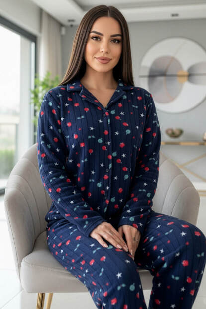 Lacivert Yıldız Desenli Önden Düğmeli Peluş Polar Pijama Takımı - 1