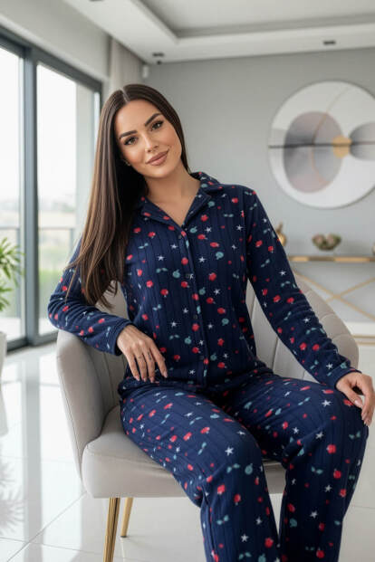 Lacivert Yıldız Desenli Önden Düğmeli Peluş Polar Pijama Takımı - 2