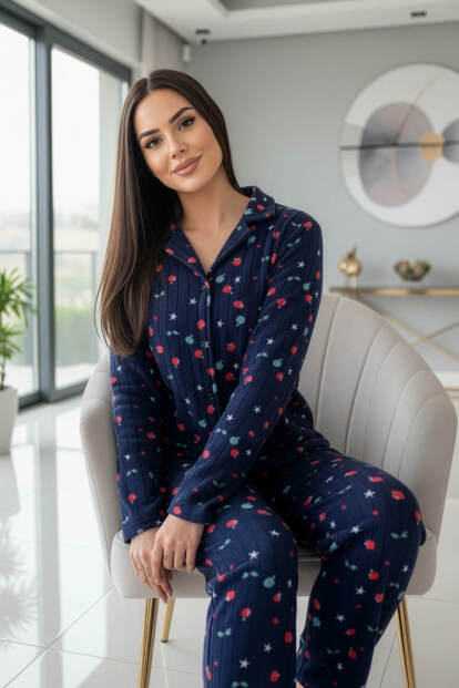 Lacivert Yıldız Desenli Önden Düğmeli Peluş Polar Pijama Takımı - 3