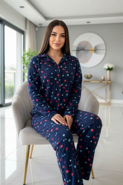 Lacivert Yıldız Desenli Önden Düğmeli Peluş Polar Pijama Takımı - 4