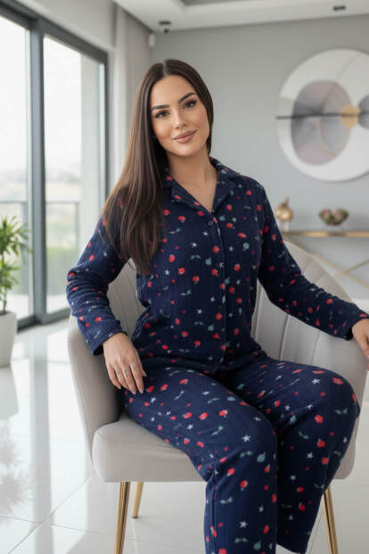 Lacivert Yıldız Desenli Önden Düğmeli Peluş Polar Pijama Takımı - 5