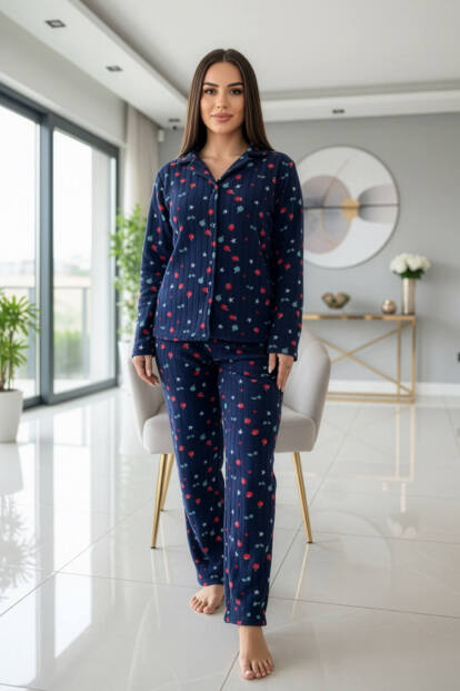 Lacivert Yıldız Desenli Önden Düğmeli Peluş Polar Pijama Takımı - 6
