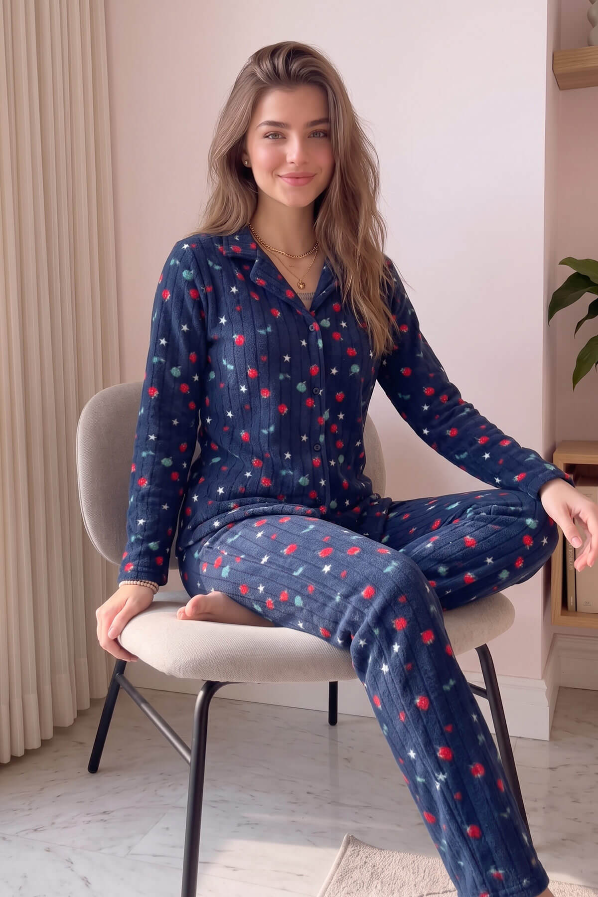 Lacivert Yıldız Desenli Önden Düğmeli Peluş Polar Pijama Takımı - Pijamaevi (3)