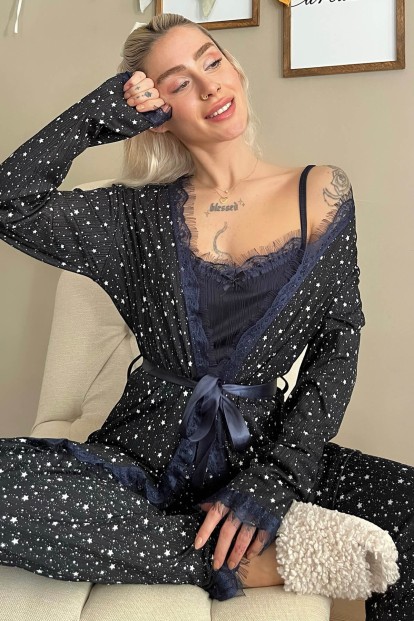 Lacivert Yıldız Desenli Sabahlıklı Pegasus Pijama Takımı - 1