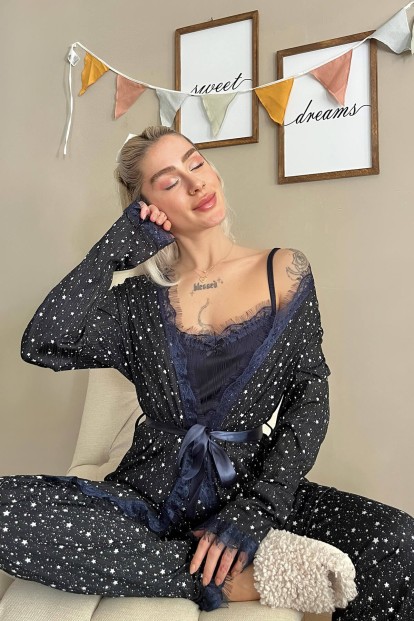 Lacivert Yıldız Desenli Sabahlıklı Pegasus Pijama Takımı - 3