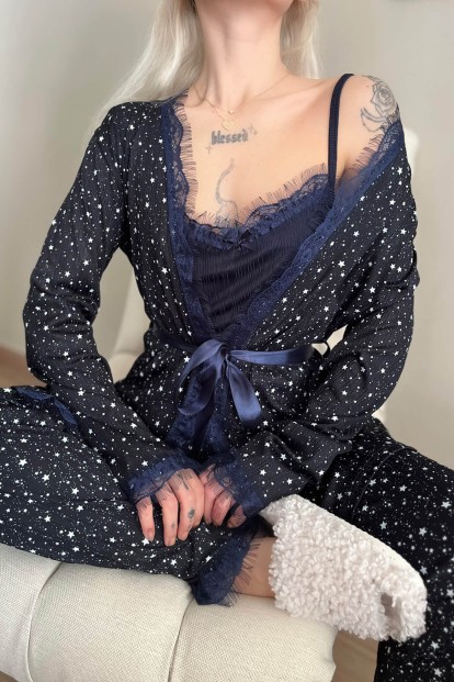 Lacivert Yıldız Desenli Sabahlıklı Pegasus Pijama Takımı - 4