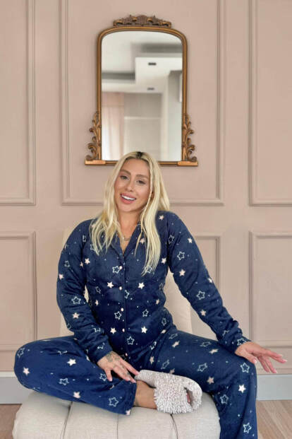 Lacivert Yıldız Heart Desenli Önden Düğmeli Peluş Polar Pijama Takımı - 2