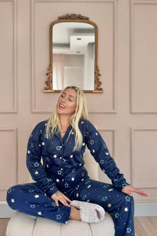 Lacivert Yıldız Heart Desenli Önden Düğmeli Peluş Polar Pijama Takımı - Pijamaevi (2)