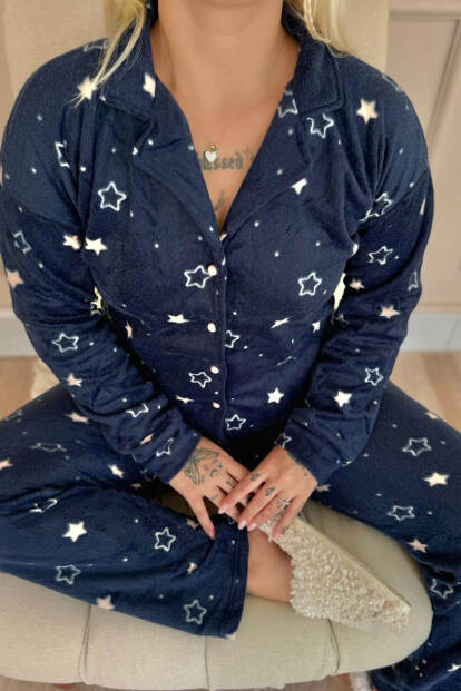 Lacivert Yıldız Heart Desenli Önden Düğmeli Peluş Polar Pijama Takımı - 5