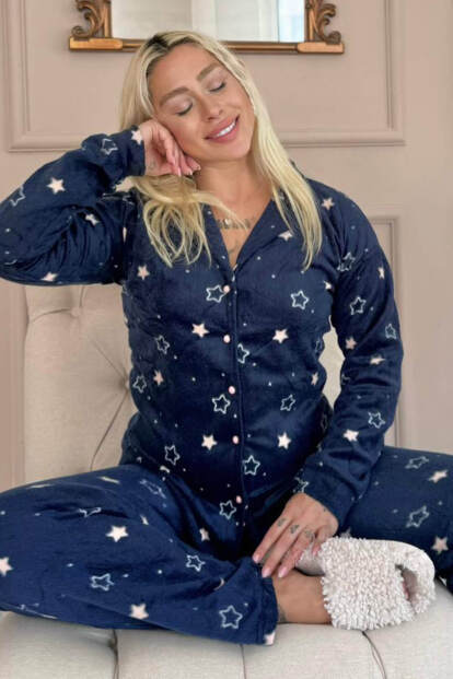 Lacivert Yıldız Heart Desenli Önden Düğmeli Peluş Polar Pijama Takımı - 7
