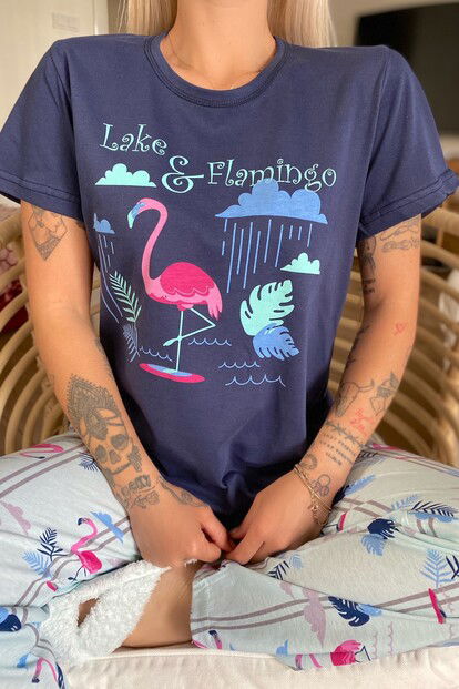 Lake Flamingo Baskılı Kısa Kol Kadın Pijama Takımı - 3