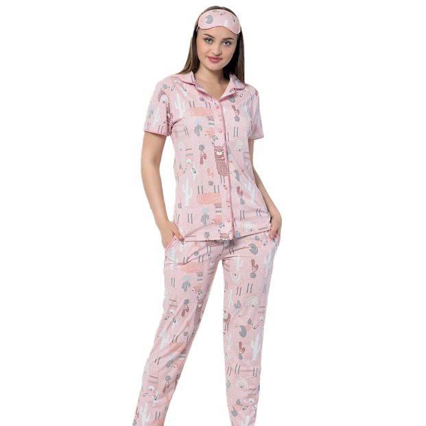 Lama Desenli Önden Düğmeli Kısa Kollu Pijama Takımı - 1