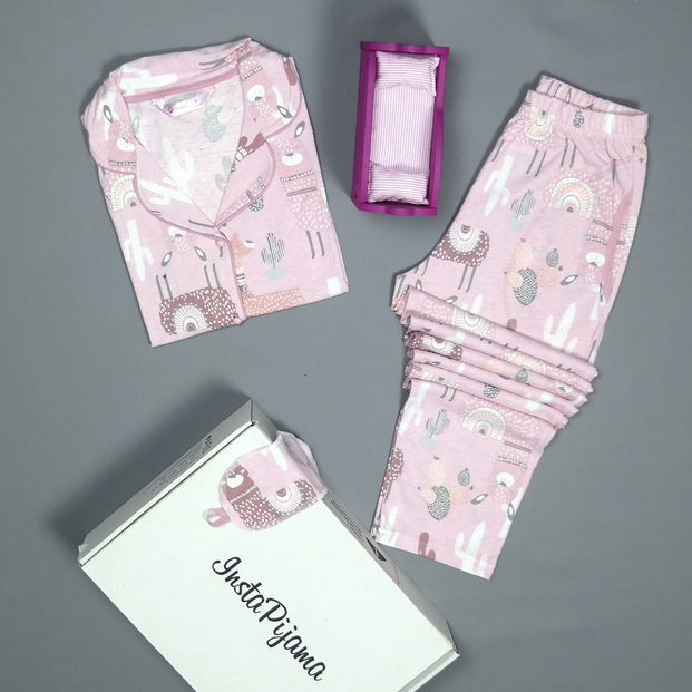 Lama Desenli Önden Düğmeli Kısa Kollu Pijama Takımı - 2