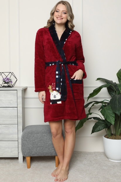 Lama Desenli Peluş Polar Kadın Sabahlık - 1