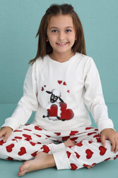 Lamb Desenli Uzun Kollu Pamuk Kız Çocuk Pijama Takımı - 7