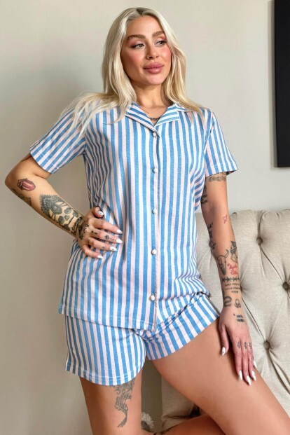 Larosh Önden Düğmeli Şortlu Kısa Kollu Kadın Pijama Takımı - 6
