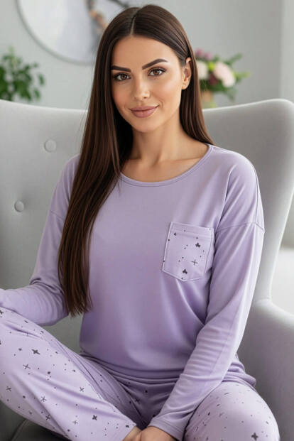 Lavanta Kalp Yılzdız Desenli Uzun Kollu Bambu Örme Kadın Pijama Takımı - 1