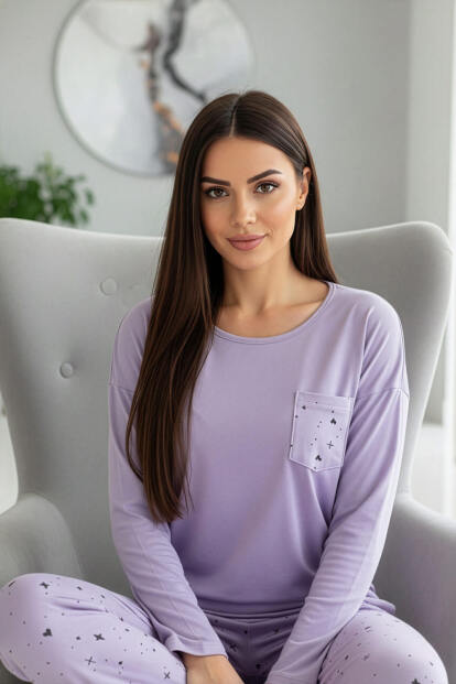 Lavanta Kalp Yılzdız Desenli Uzun Kollu Bambu Örme Kadın Pijama Takımı - 2