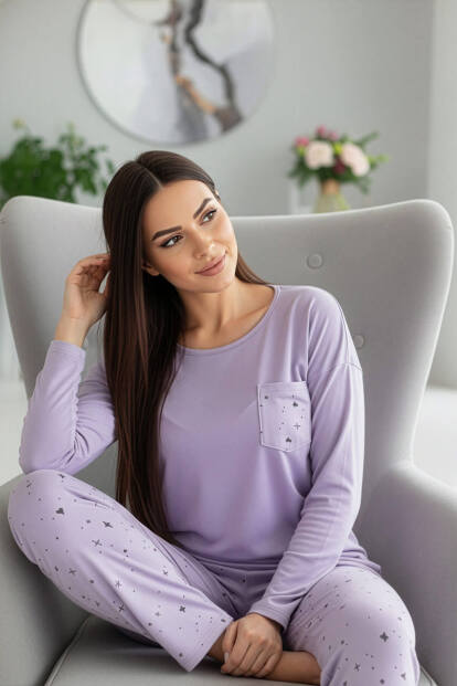 Lavanta Kalp Yılzdız Desenli Uzun Kollu Bambu Örme Kadın Pijama Takımı - 3