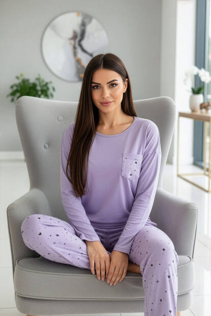 Lavanta Kalp Yılzdız Desenli Uzun Kollu Bambu Örme Kadın Pijama Takımı - 4