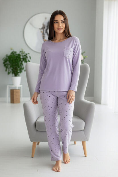 Lavanta Kalp Yılzdız Desenli Uzun Kollu Bambu Örme Kadın Pijama Takımı - 5