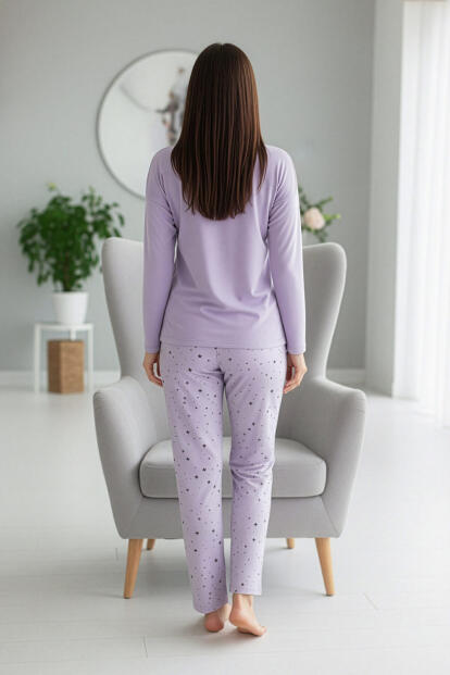 Lavanta Kalp Yılzdız Desenli Uzun Kollu Bambu Örme Kadın Pijama Takımı - 6