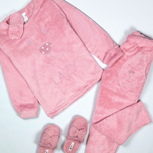 Lazy Desenli Tam Peluş Pijama Takımı - 2