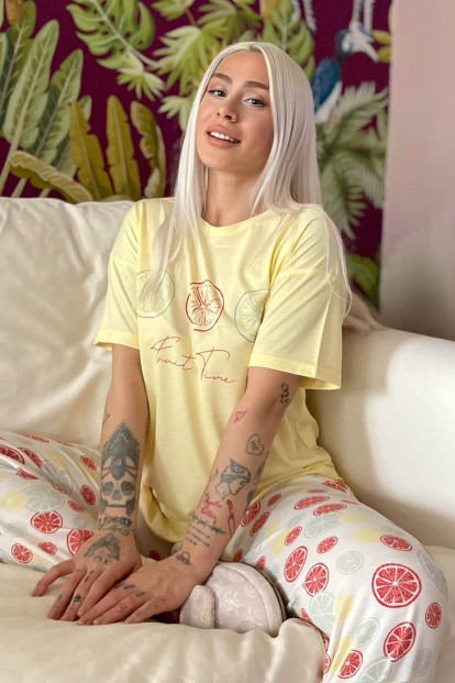 Lemon Time Baskılı Örme Kısa Kol Kadın Pijama Takımı - 1