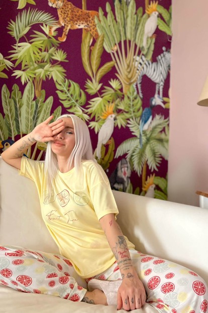 Lemon Time Baskılı Örme Kısa Kol Kadın Pijama Takımı - 2