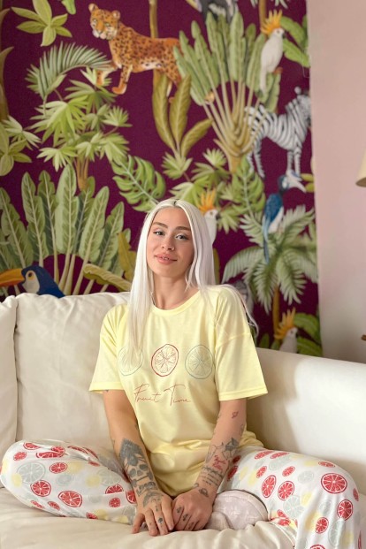 Lemon Time Baskılı Örme Kısa Kol Kadın Pijama Takımı - 3