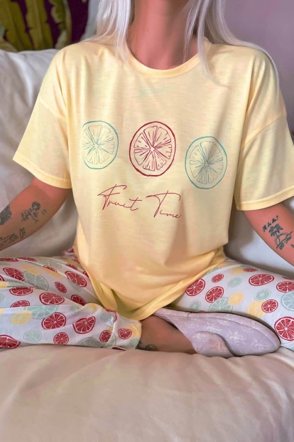 Lemon Time Baskılı Örme Kısa Kol Kadın Pijama Takımı - 4