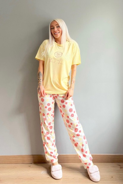 Lemon Time Baskılı Örme Kısa Kol Kadın Pijama Takımı - 5
