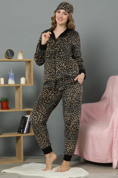 Leopar Desenli Kadın Önden Düğmeli Yumoş Peluş Pijama Takımı - 1