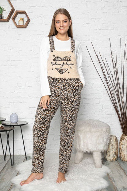Leopar Desenli Kadın Polar Peluş Tulum Pijama Takımı - 1