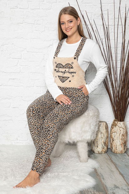 Leopar Desenli Kadın Polar Peluş Tulum Pijama Takımı - 2