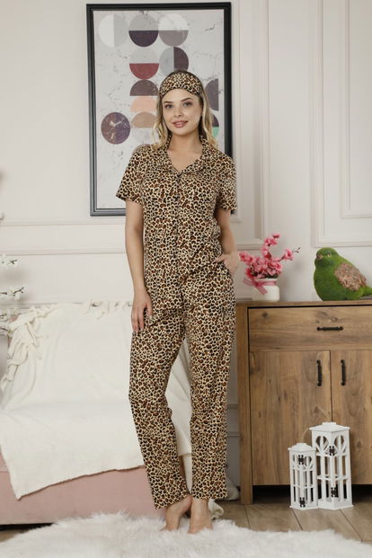 Leopar Desenli Önden Düğmeli Kısa Kollu Pijama Takımı - 2