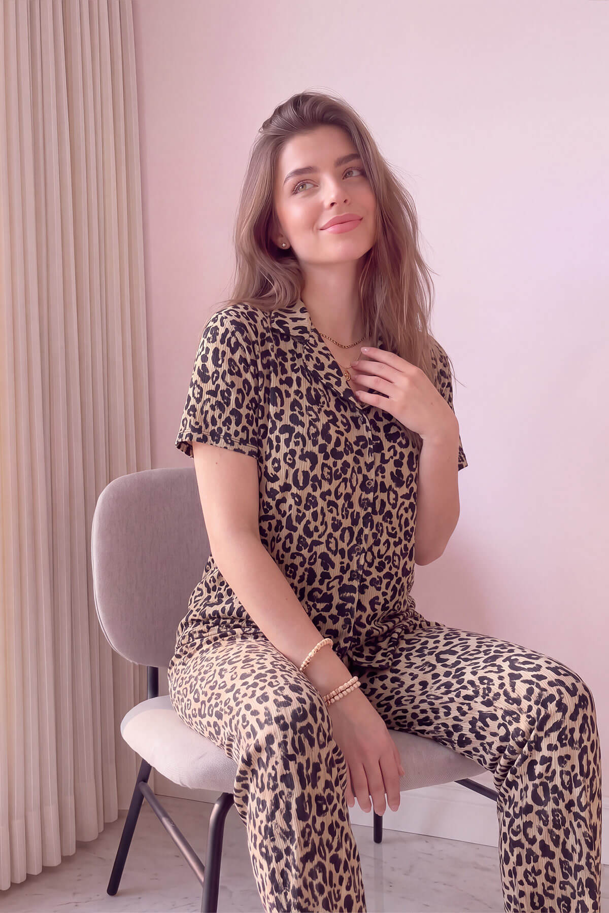 Leopar Desenli Örme Önden Düğmeli Kısa Kol Kadın Pijama - Pijamaevi (2)