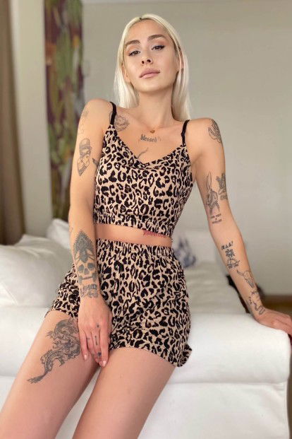 Leopar Desenli Şortlu Bustiyer Pijama Takım - 2