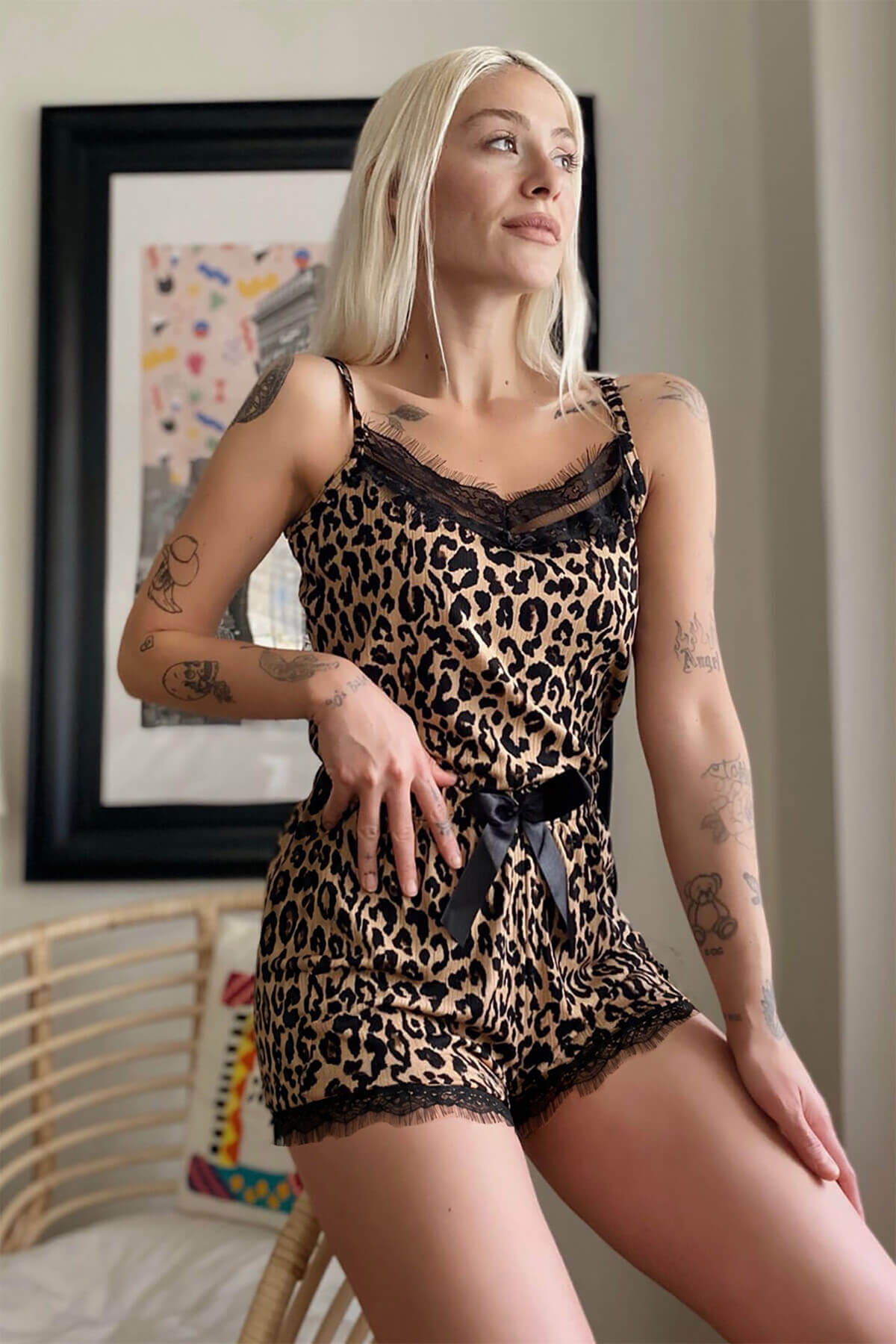 Leopar Pegasus Dantel Detaylı İp Askı Şortlu Örme Pijama Takımı - Pijamaevi