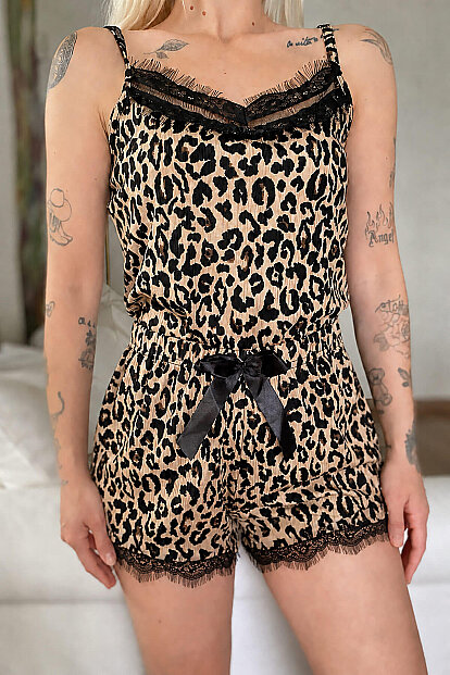 Leopar Pegasus Dantel Detaylı İp Askı Şortlu Örme Pijama Takımı - 3