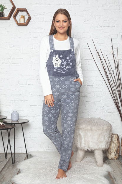 Let it Snow Desenli Kadın Polar Peluş Tulum Pijama Takımı - 1