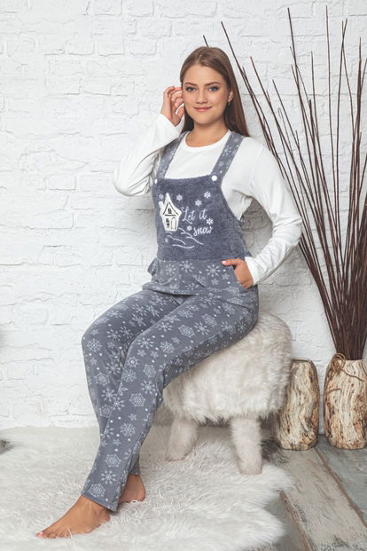 Let it Snow Desenli Kadın Polar Peluş Tulum Pijama Takımı - 2