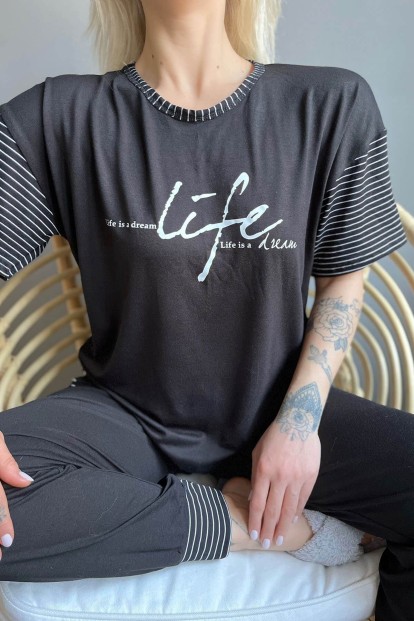 Life Dream Baskılı Örme Kısa Kollu Kadın Pijama Takımı - 4