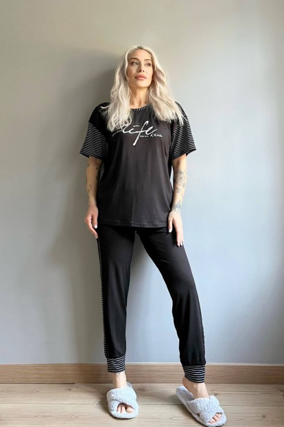 Life Dream Baskılı Örme Kısa Kollu Kadın Pijama Takımı - 5