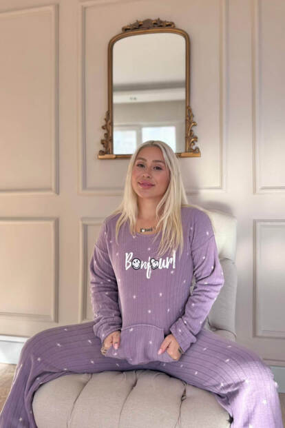 Lila Bonjour Desenli Kanguru Cepli Peluş Polar Pijama Takımı - 2